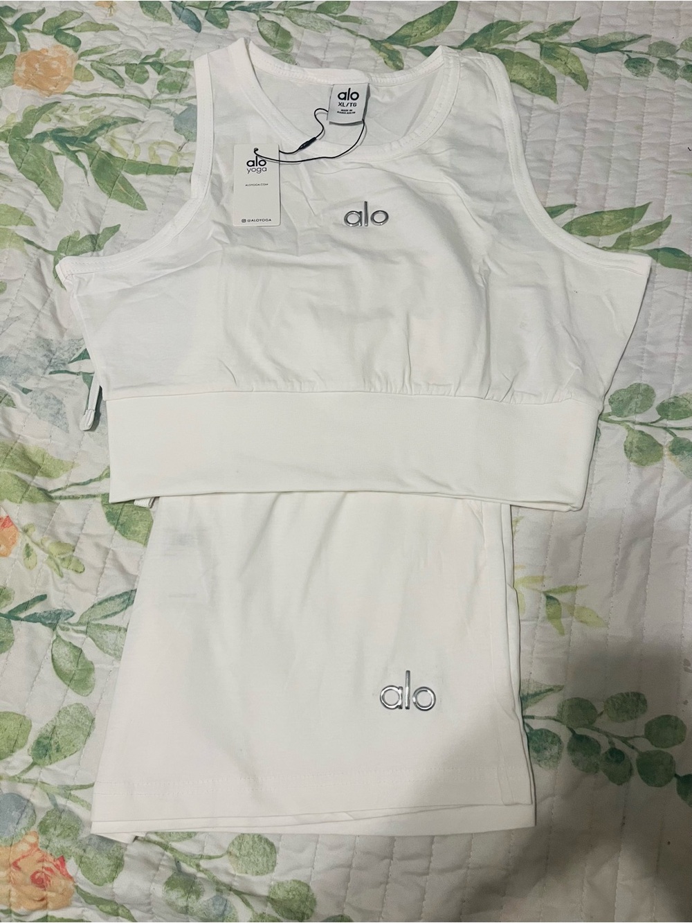 Alo White Logo Crop Tank & Short Set.